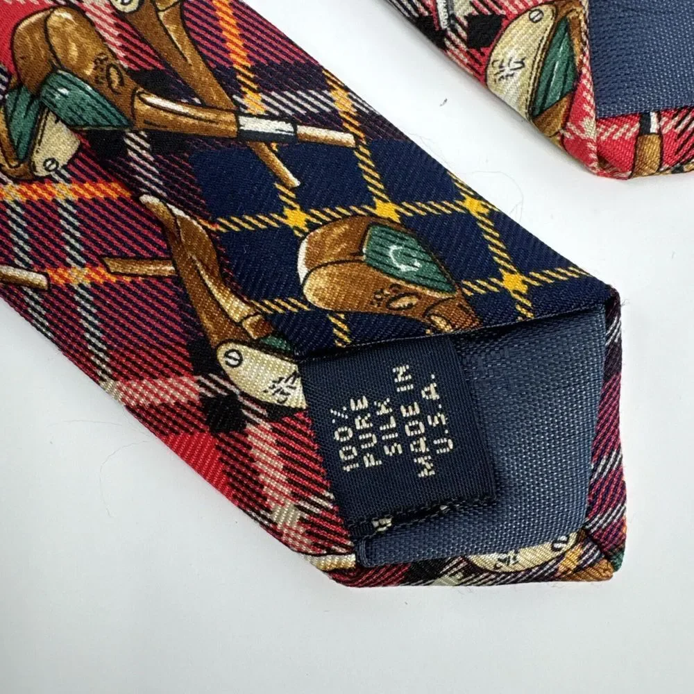 VTG Huntington Necktie‎ 100% Silk Golf Club Red Blue Plaid USA Made 3.75